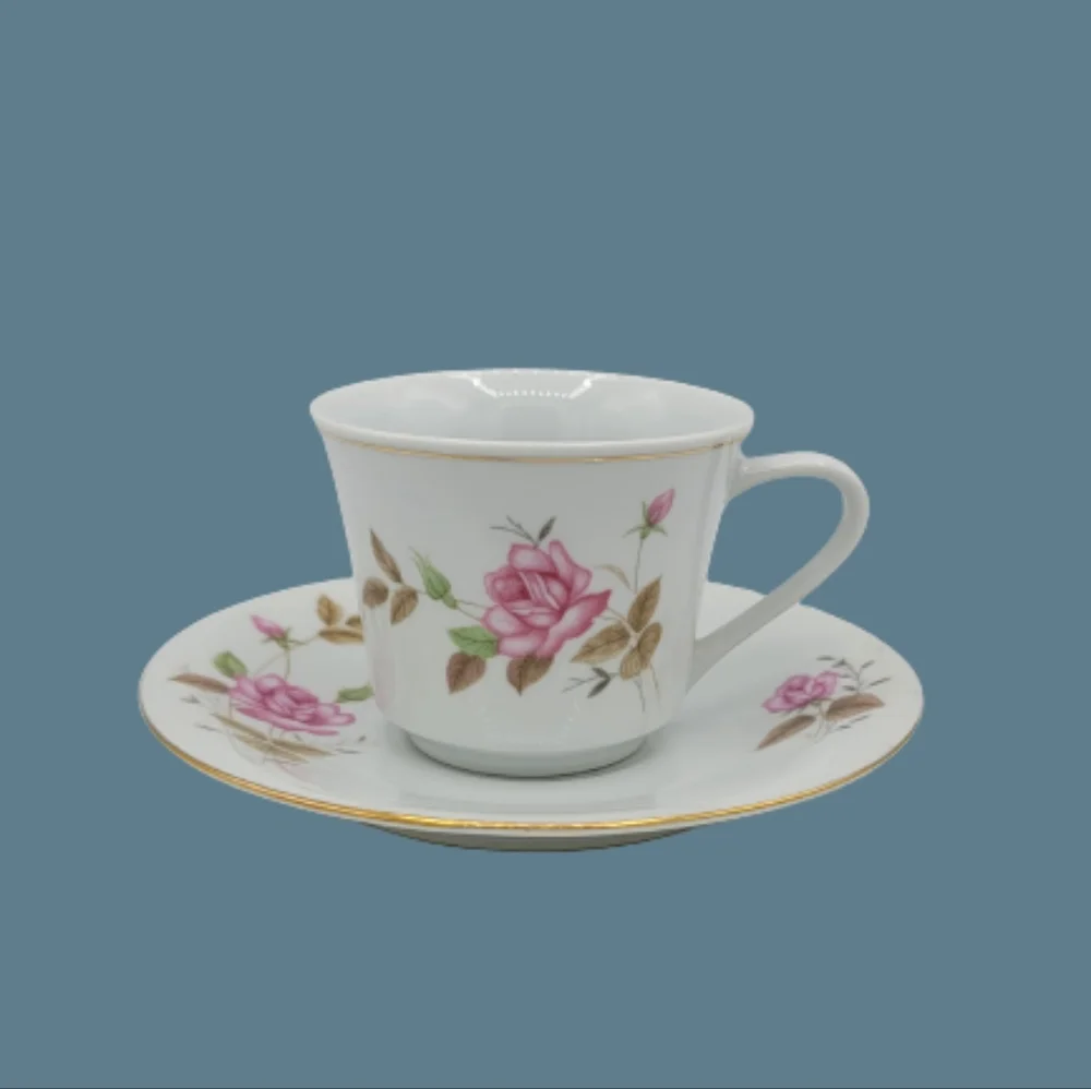 Elegant Rose Pattern Porcelain Tea Cup and Saucer Set, Gold Trim